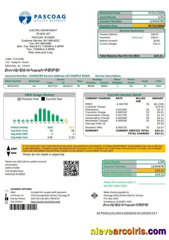 USA Rhode Island Pascoag Utility District utility bill